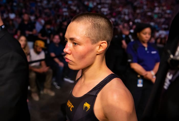 Rose Namajunas reacts during UFC 274 at Footprint Center.